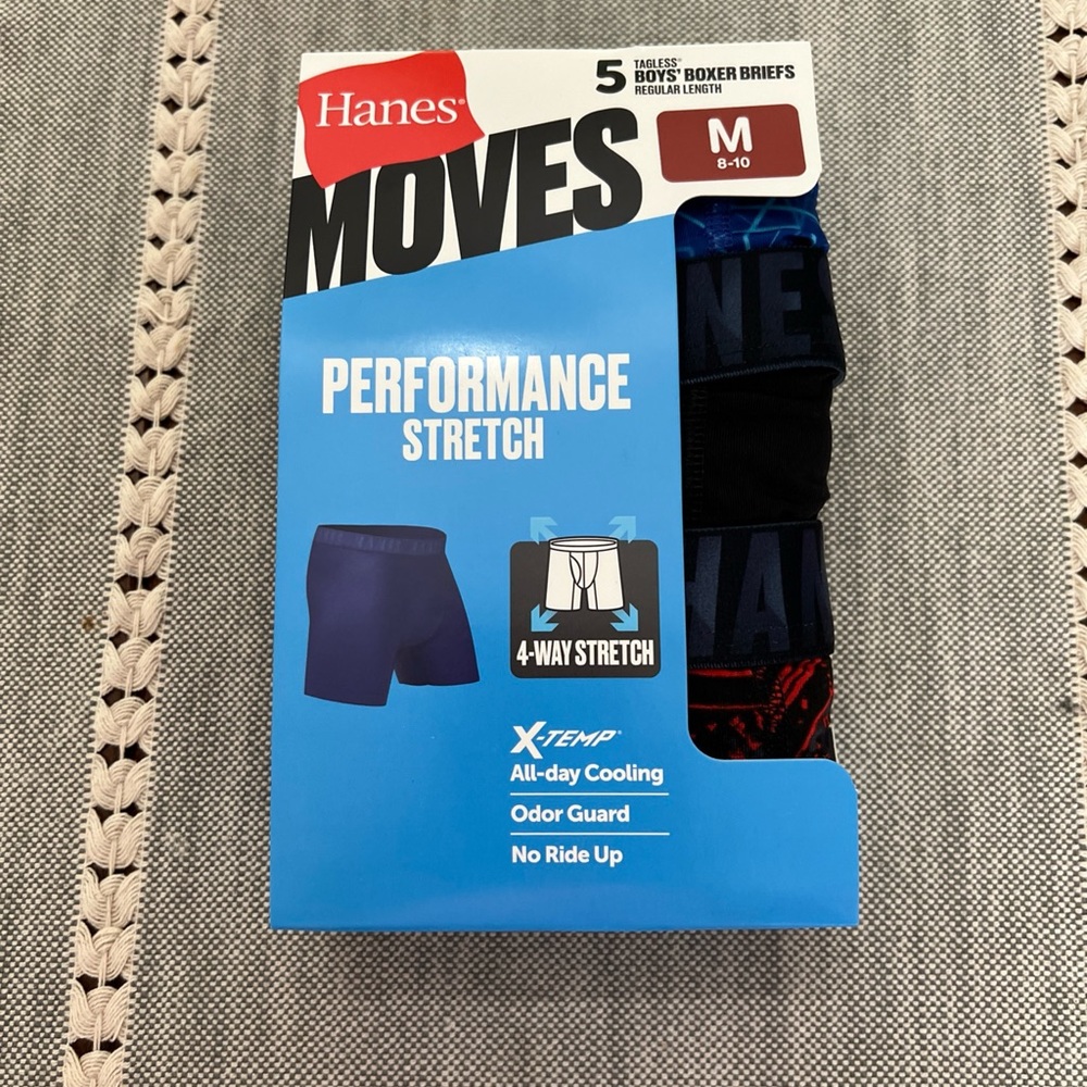 Hanes Moves Boys' Performance Vented  Boxer Brief Underwear 5-Pack M 8-10 NEW